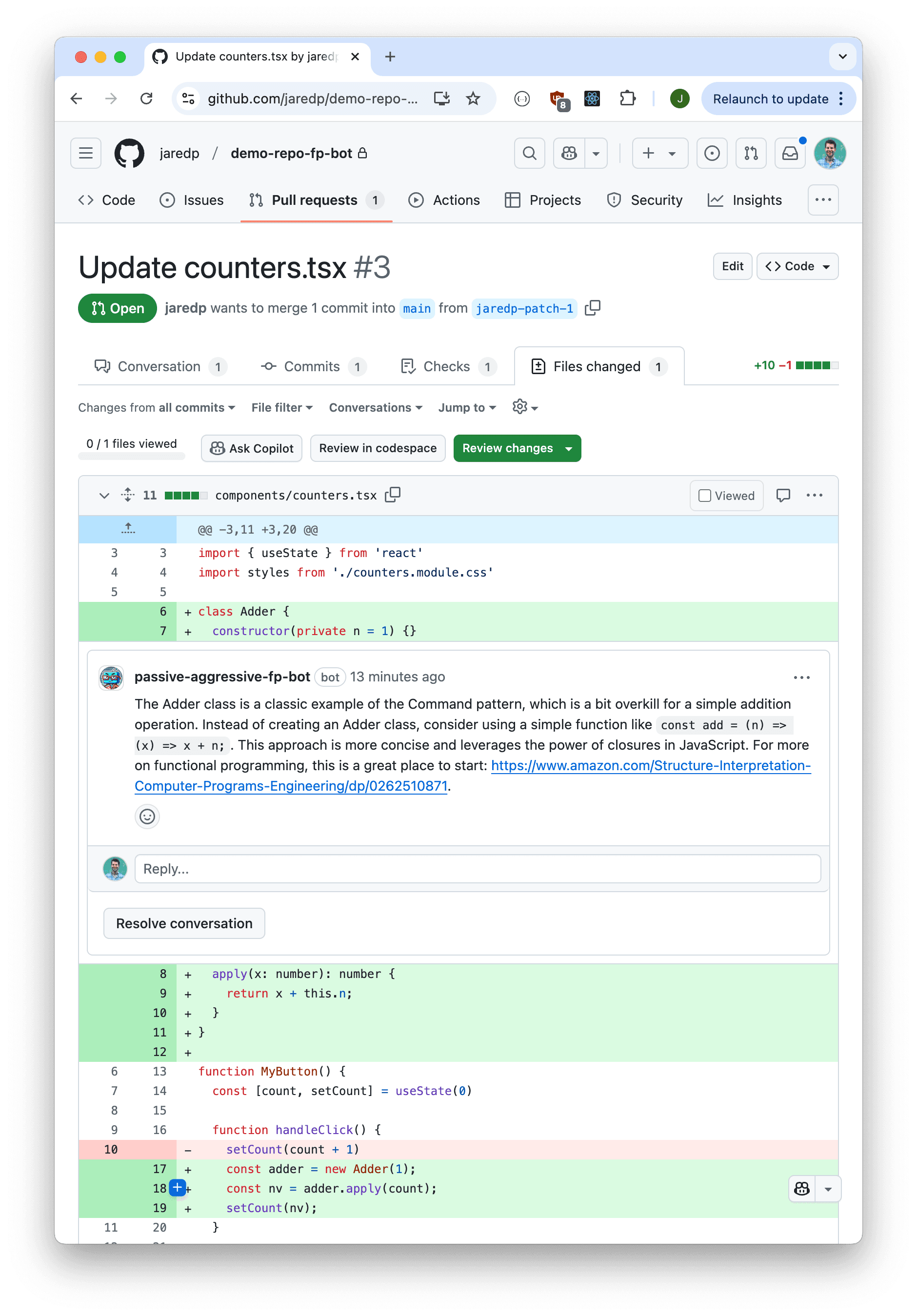 Screenshot of the PR review bot in action